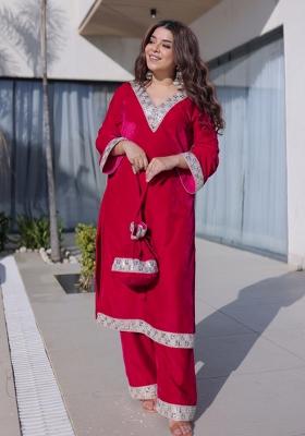 Pink Embroidered Velvet Anarkali Set