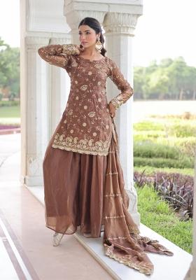 Coffee Embroidered Fendi Anarkali Set