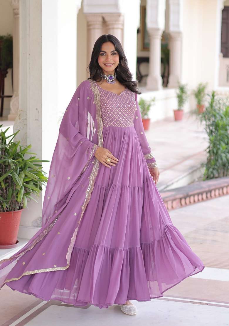 Purple Embroidered Georgette Anarkali With Dupatta - Indya