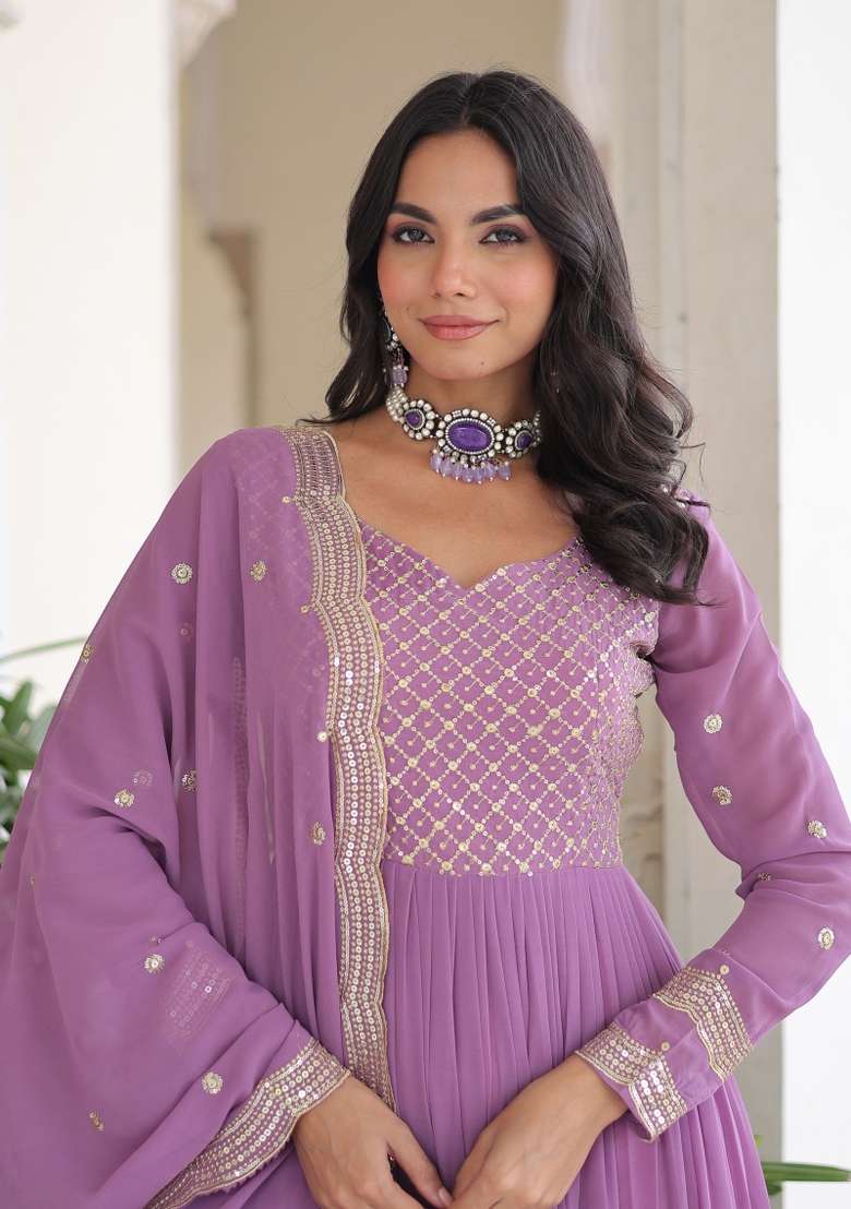Purple Embroidered Georgette Anarkali With Dupatta - Indya
