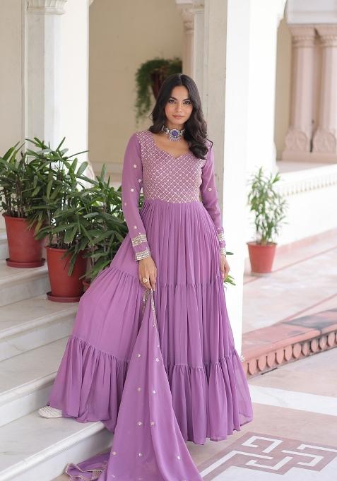 Purple Embroidered Georgette Anarkali With Dupatta