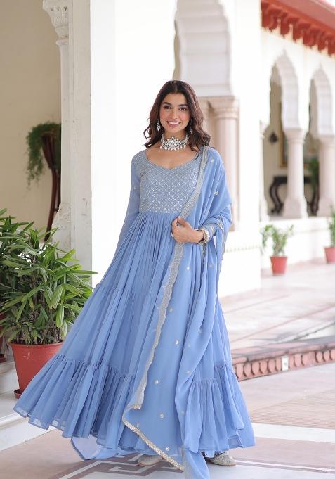 Sky Blue Embroidered Georgette Anarkali With Dupatta