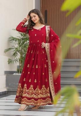 Maroon Embroidered Faux Blooming Anarkali With Dupatta