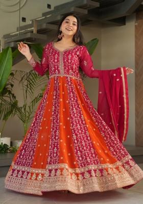 Pink Embroidered Faux Blooming Anarkali With Dupatta