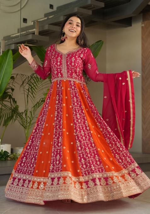 Pink Embroidered Faux Blooming Anarkali With Dupatta