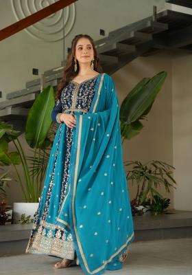Rama Embroidered Faux Blooming Anarkali With Dupatta