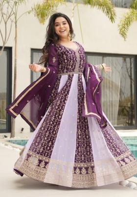 Wine Embroidered Faux Blooming Anarkali With Dupatta