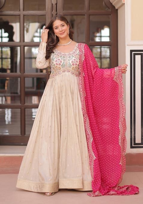 Pink Embroidered Cosmos Anarkali With Dupatta