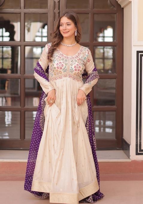 Purple Embroidered Cosmos Anarkali With Dupatta