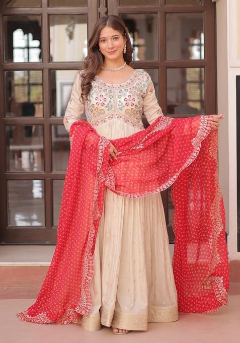 Red Embroidered Cosmos Anarkali With Dupatta