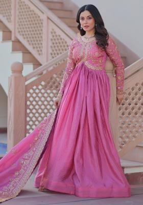 Pink Embroidered Gold Crush Anarkali With Dupatta