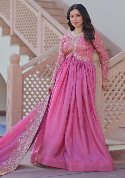 Pink Embroidered Gold Crush Anarkali With Dupatta