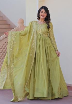 Pista Embroidered Gold Crush Anarkali With Dupatta
