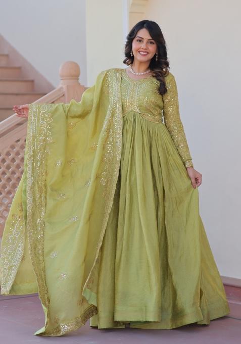 Pista Embroidered Gold Crush Anarkali With Dupatta