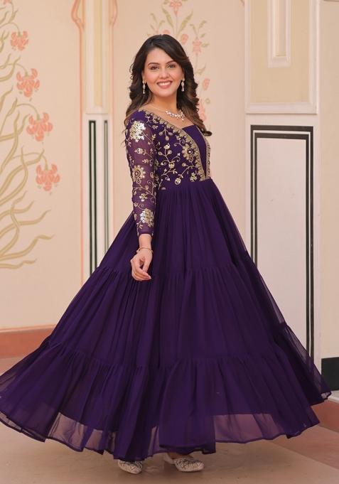 Purple Embroidered Faux Blooming Anarkali