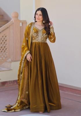 Mehendi Embroidered Fendi Anarkali With Dupatta