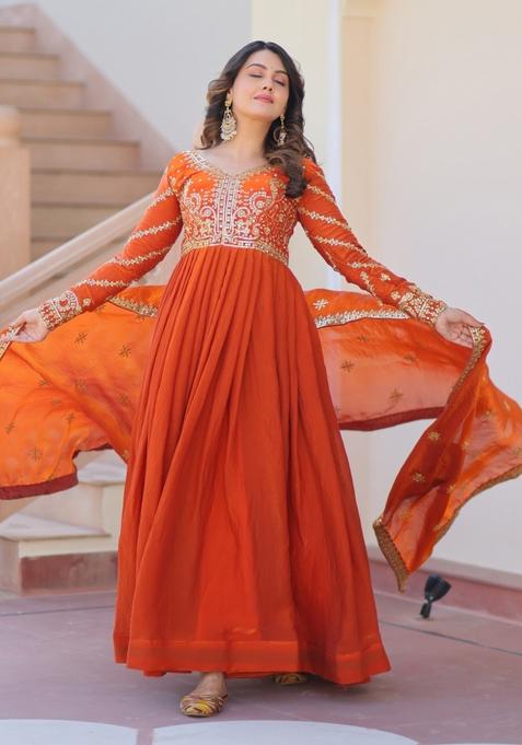 Orange Embroidered Fendi Anarkali With Dupatta