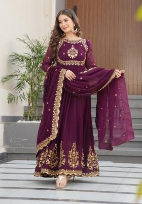 Wine Embroidered Faux Blooming Anarkali With Dupatta
