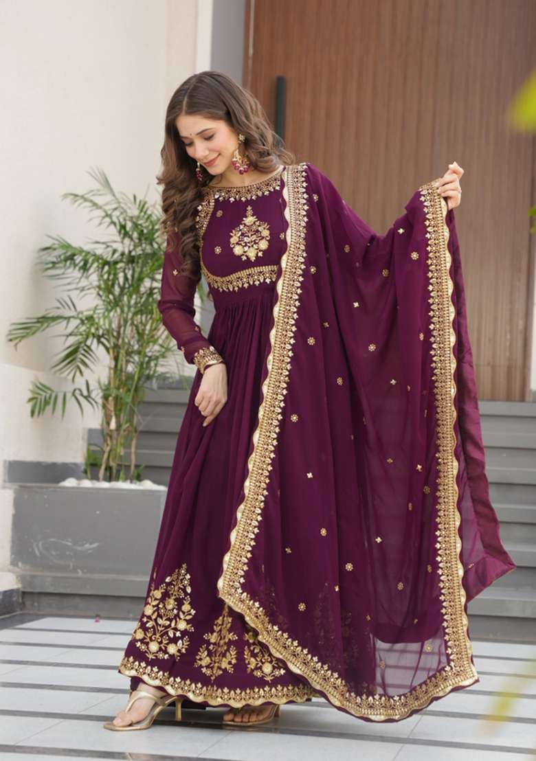 Wine Embroidered Faux Blooming Anarkali With Dupatta - Indya