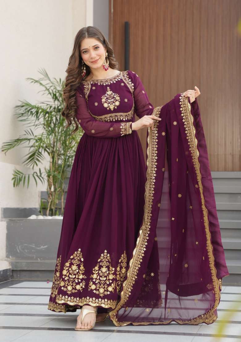 Wine Embroidered Faux Blooming Anarkali With Dupatta - Indya