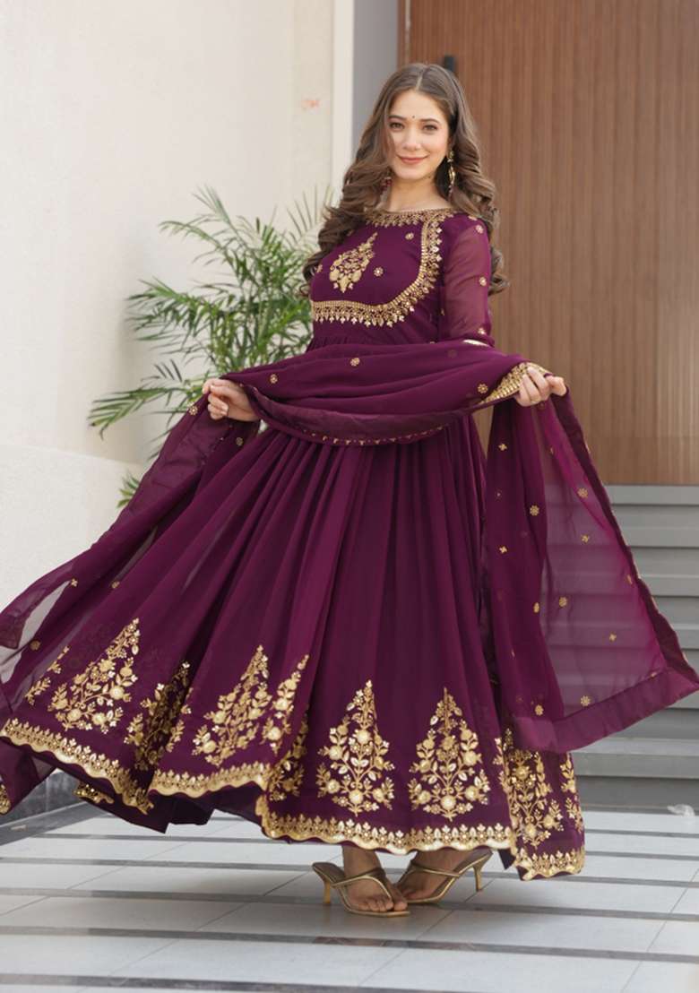 Wine Embroidered Faux Blooming Anarkali With Dupatta - Indya