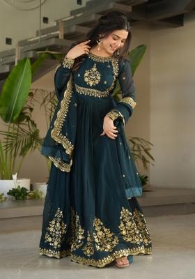 Rama Embroidered Faux Blooming Anarkali With Dupatta