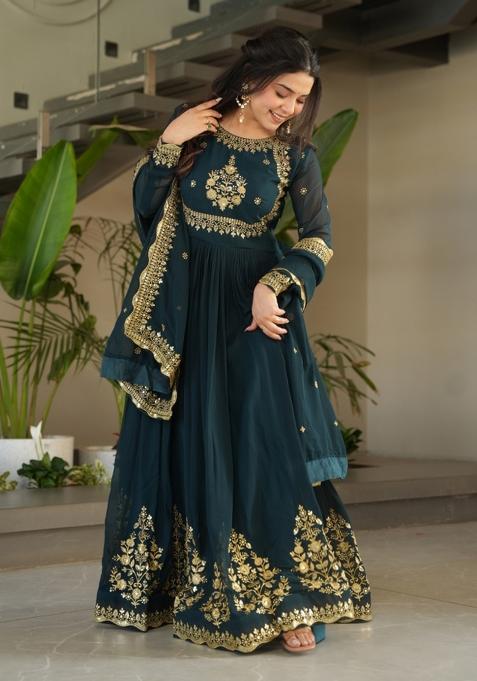 Rama Embroidered Faux Blooming Anarkali With Dupatta