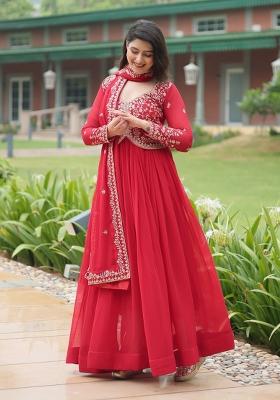 Red Embroidered Faux Blooming Anarkali With Dupatta