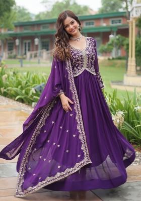 Purple Embroidered Faux Blooming Anarkali With Dupatta