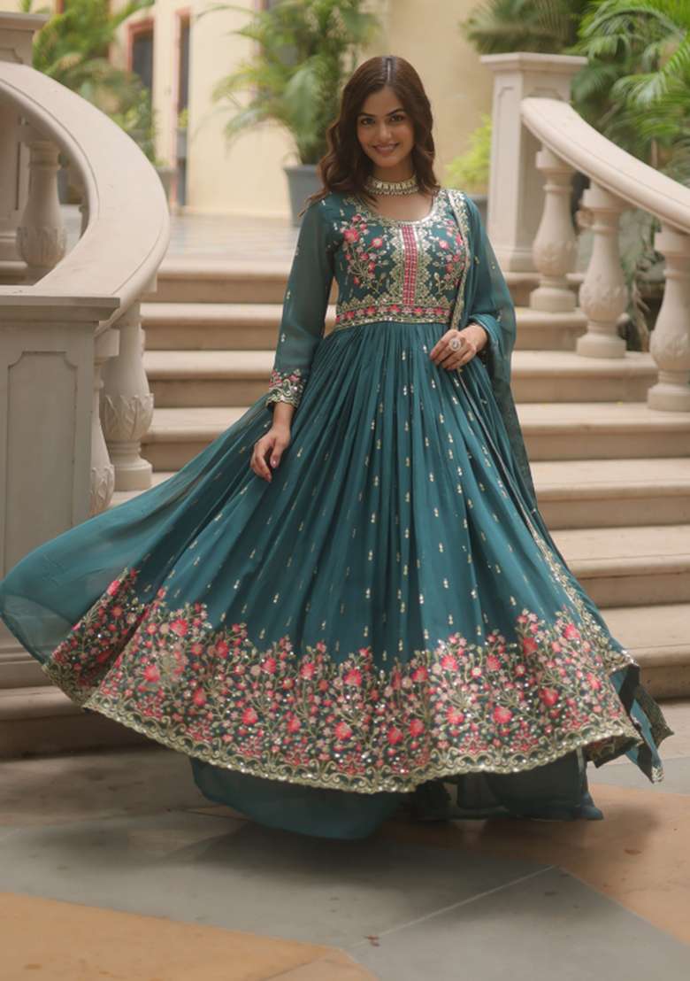 Rama Embroidered Georgette Anarkali Set - Indya