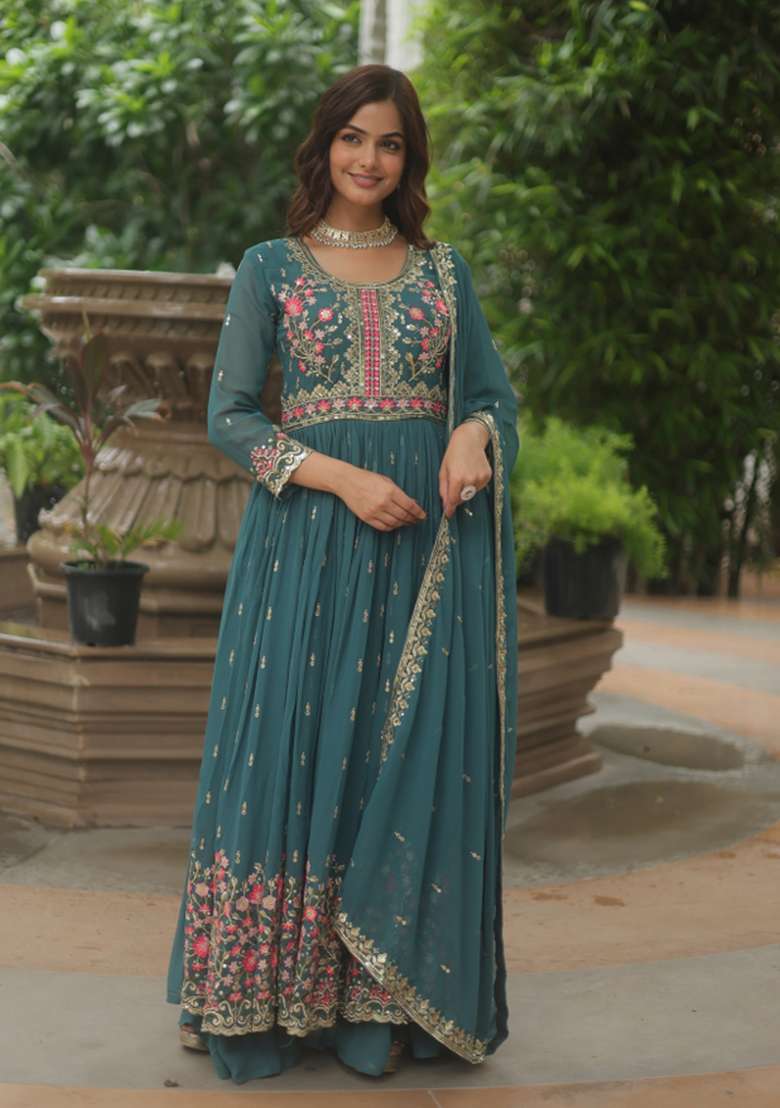Rama Embroidered Georgette Anarkali Set - Indya