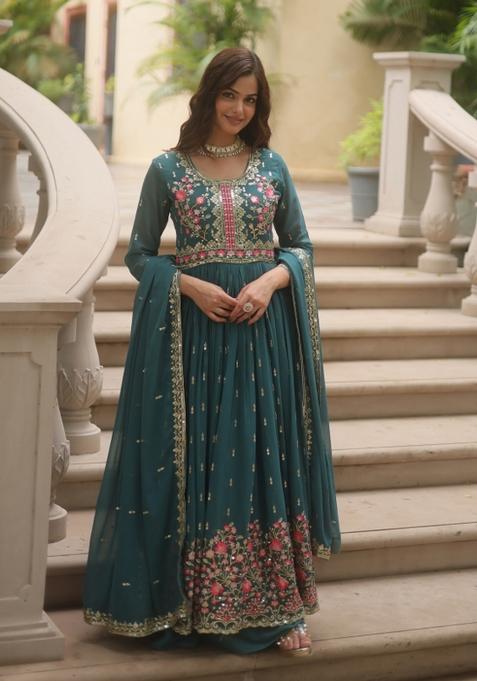 Rama Embroidered Georgette Anarkali Set
