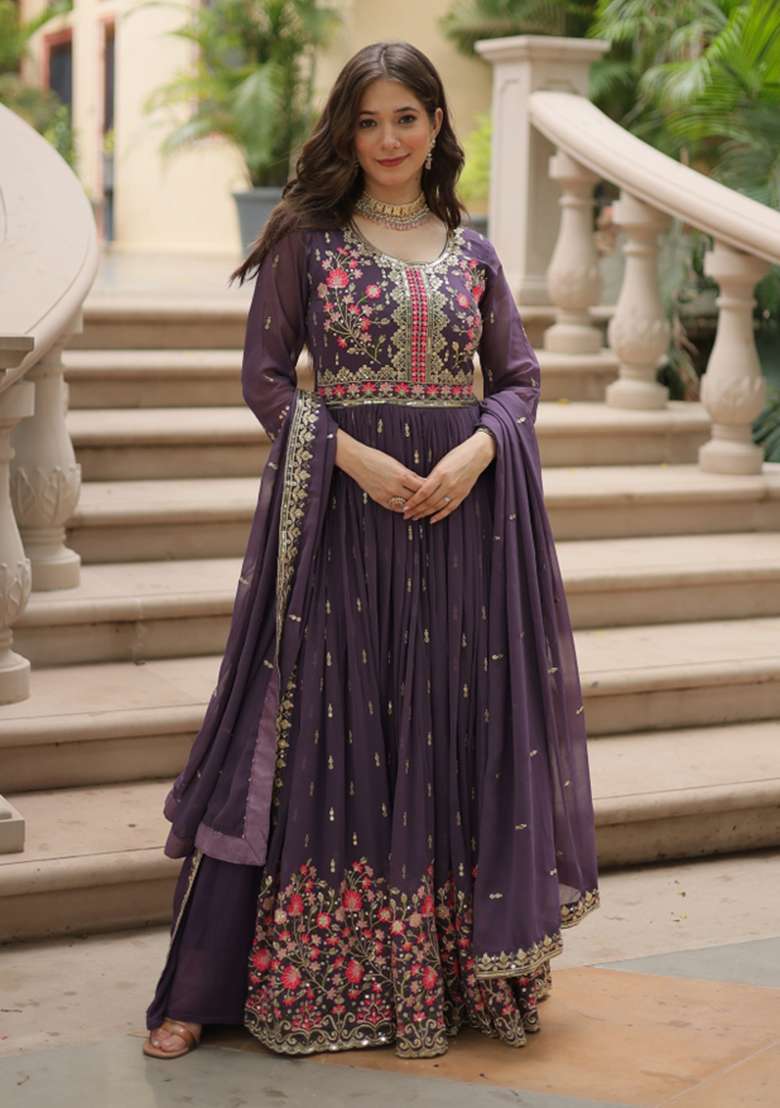 Onion Embroidered Georgette Anarkali Set - Indya