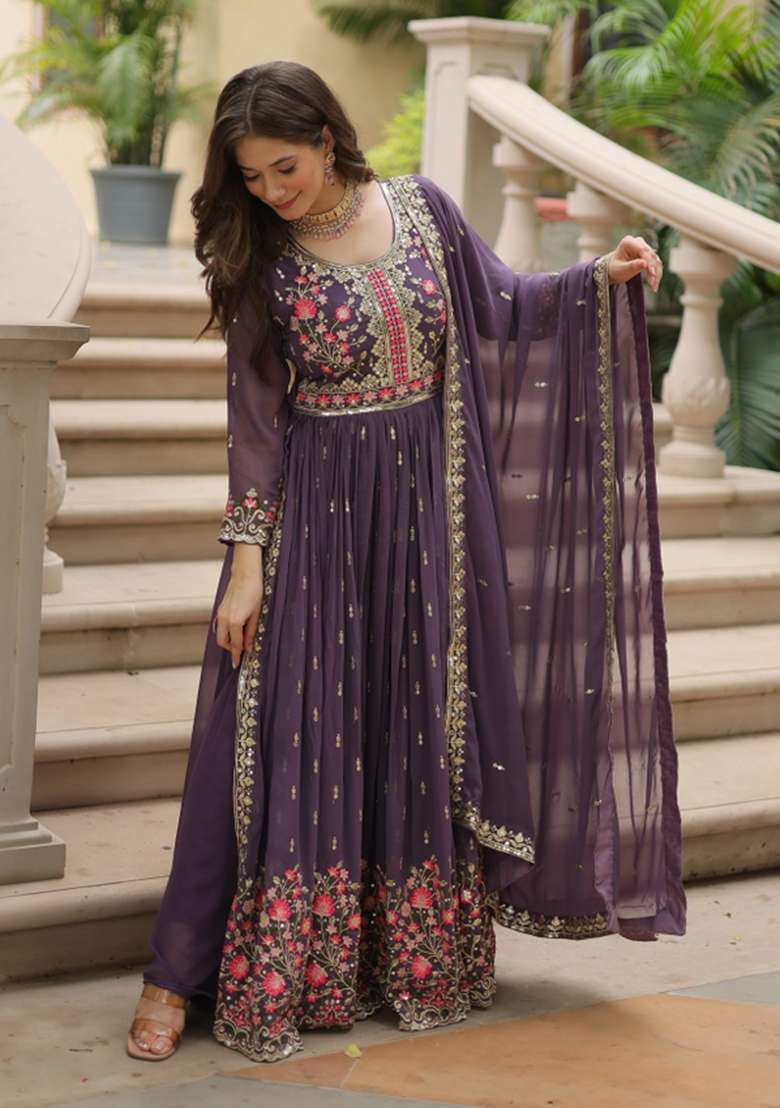 Onion Embroidered Georgette Anarkali Set - Indya