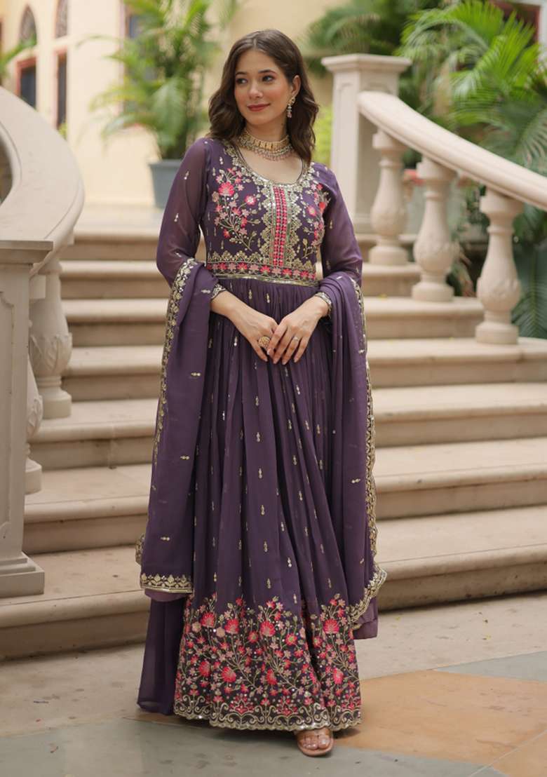 Onion Embroidered Georgette Anarkali Set - Indya