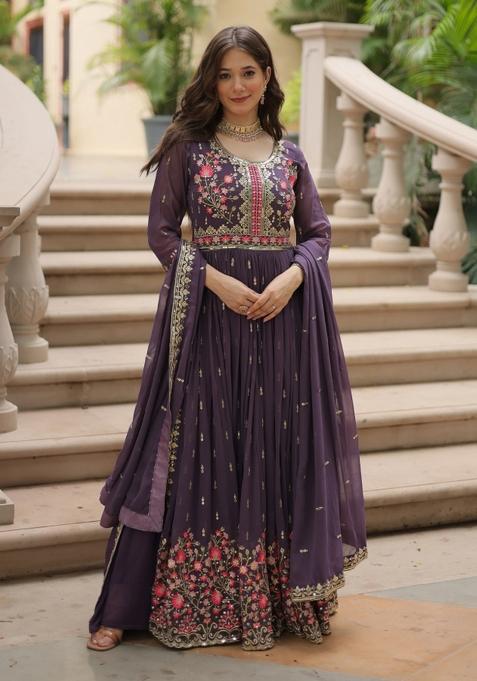 Onion Embroidered Georgette Anarkali Set