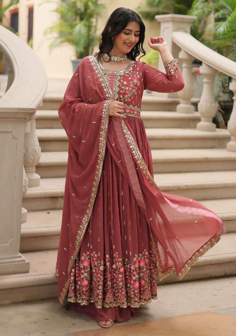 Coffee Embroidered Georgette Anarkali Set - Indya