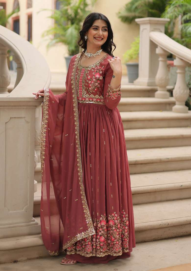 Coffee Embroidered Georgette Anarkali Set - Indya