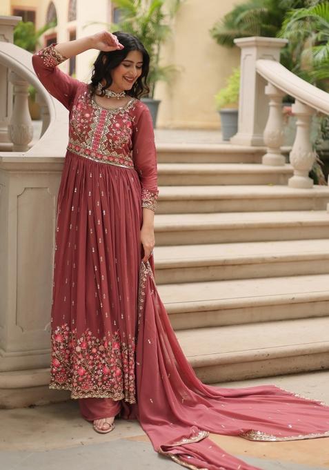 Coffee Embroidered Georgette Anarkali Set