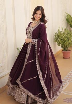 Wine Embroidered Faux Blooming Anarkali With Dupatta
