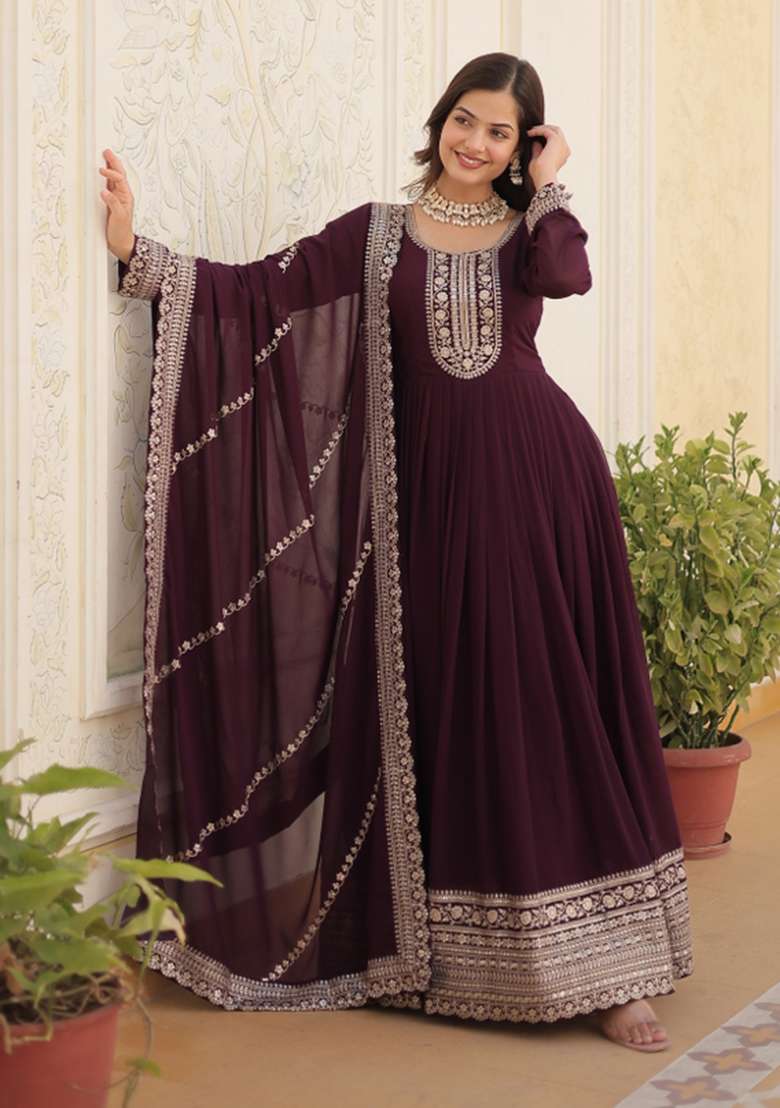 Wine Embroidered Faux Blooming Anarkali With Dupatta - Indya