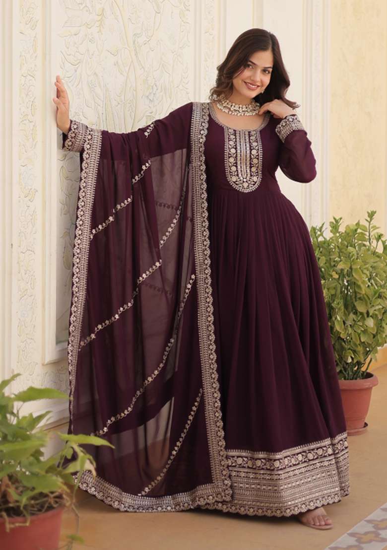 Wine Embroidered Faux Blooming Anarkali With Dupatta - Indya