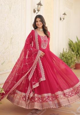 Pink Embroidered Faux Blooming Anarkali With Dupatta
