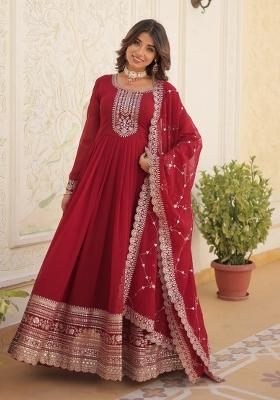 Maroon Embroidered Faux Blooming Anarkali With Dupatta