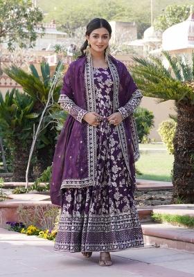 Wine Embroidered Viscose Anarkali With Dupatta