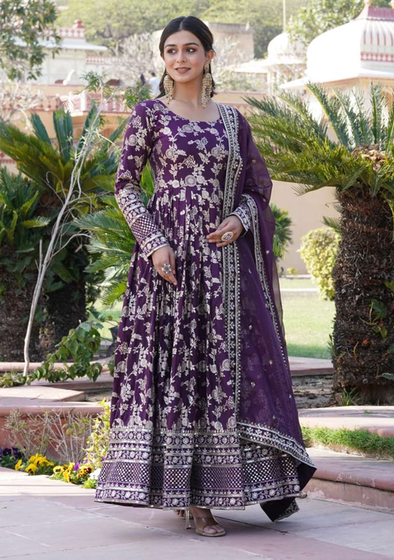 Wine Embroidered Viscose Anarkali With Dupatta - Indya