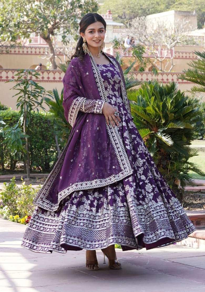 Wine Embroidered Viscose Anarkali With Dupatta - Indya