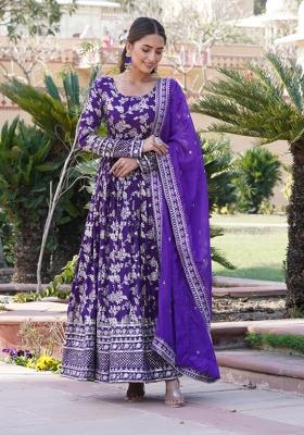 Purple Embroidered Viscose Anarkali With Dupatta