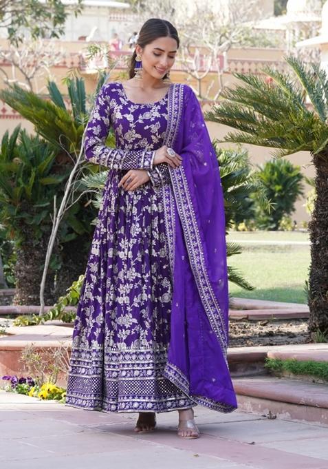Purple Embroidered Viscose Anarkali With Dupatta