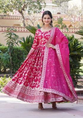 Pink Embroidered Viscose Anarkali With Dupatta